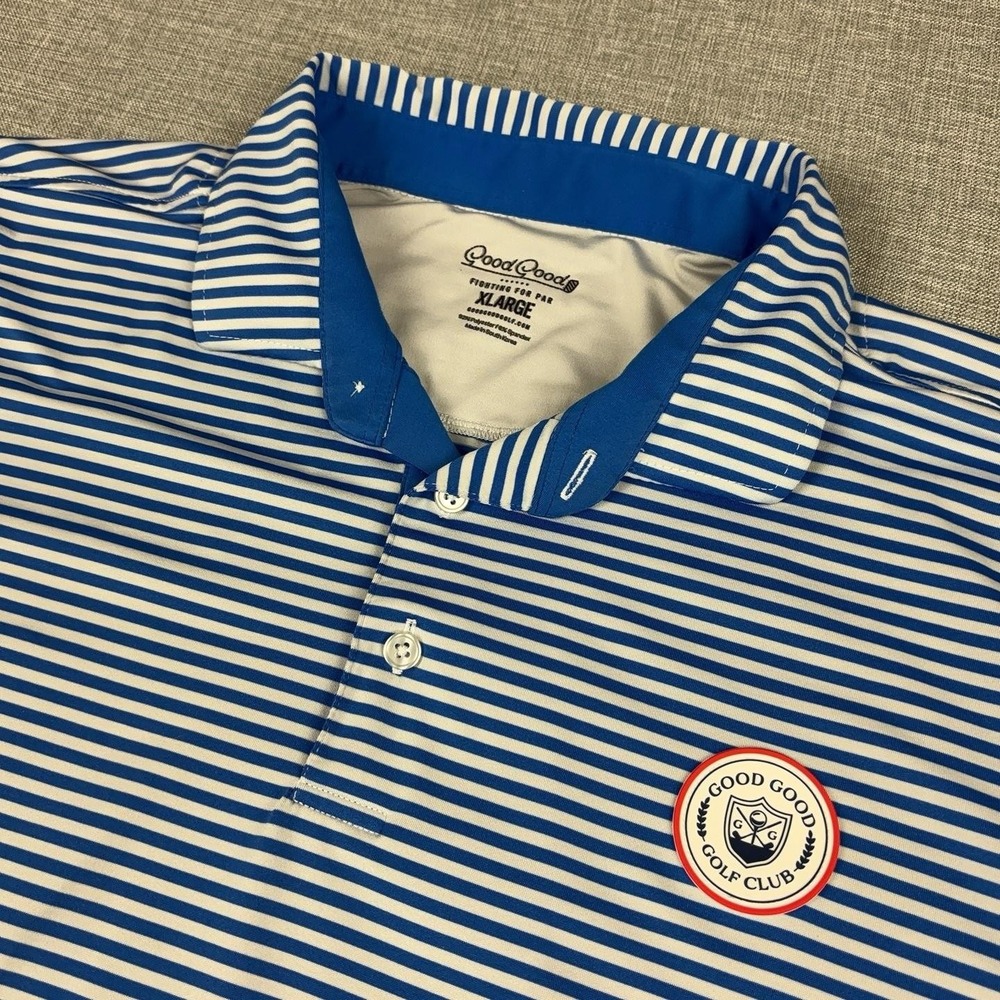 GoodGood Golf Polo Shirt Mens XL Blue Striped Stretch Jersey Short Sleeve